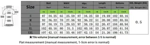 Size chart for sequin patchwork tracksuit showing S to XXL measurements in cm and inches