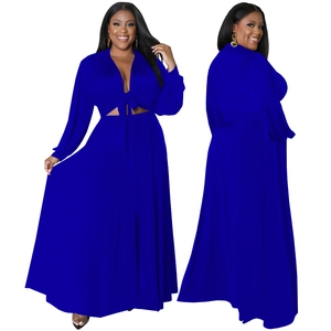 Completo taglie forti blu reale con top a maniche lunghe da annodare e gonna lunga