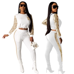 Women Sequin Patchwork Top And Bottom Polyester Long Sleeve Round Neck Crop Top Slim Fit Long Pants Sexy Club Outfits White