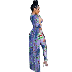 Three-piece women's swimsuit cover-up set with tiger and floral print and matching belt