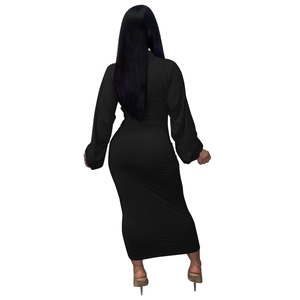 Rear view of sleek black bodycon maxi dress featuring a high collar and fitted long sleeves