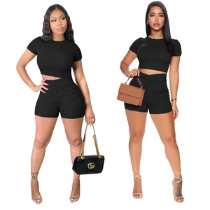 Completo Donna Casual a Costine Manica Corta Girocollo Crop Top e Pantaloncini Bodycon Arricciati a Vita Alta Abbigliamento