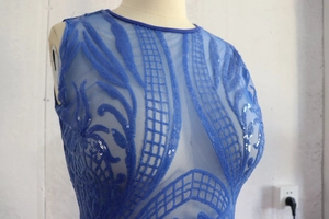 Detailaufnahme der blauen Paillettenstickerei und des transparenten Netzgewebes am Kleid