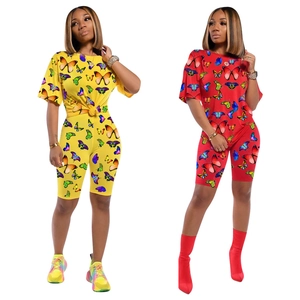 Women Butterfly Print Casual Summer Short Sleeve Top And Bottom Biker Shorts Set Patchwork Polyester Sporty Streetwear Outfit