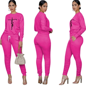 Women's magenta two-piece lounge set with Faith print, drawstring joggers and sweatshirt