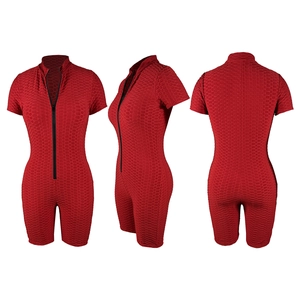 Detailed views of red honeycomb texture romper with stand collar and front zipper