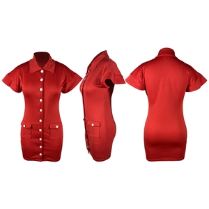 Detailed views of red ruffle sleeve button-down dress featuring functional pockets