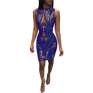 Elegantes blaues, ärmelloses Minikleid mit Paillettenstickerei und transparentem Mesh-Netz