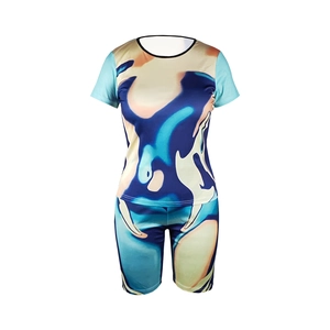 Detailed look at the blue tie-dye printed crewneck tee and elastic cycling shorts set