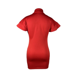 Back view of a red bodycon dress with short sleeves and a high collar on a white background
