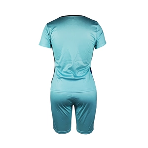 Rear view of light blue slim-fit tie-dye sports set with short sleeve t-shirt and shorts