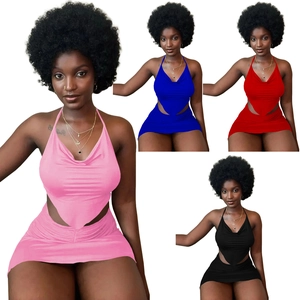 Women's two-piece ruched mini skirt set with halter neck top in four vibrant colors