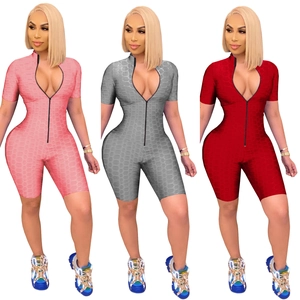 Women Short Sleeve Romper Jumpsuit Honeycomb Textured High Stretch Zipper Front Bodycon Sporty Clubwear One Piece Playsuit