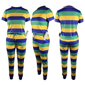 Three-view detail of a striped two-piece lounge set with short sleeve top and drawstring pants