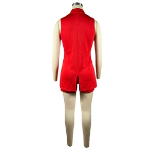 Detail view of red sleeveless vest back featuring a stand collar and elegant hem slit