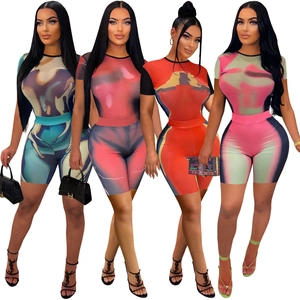 Women Top And Bottom Heat Map Print Casual Slim Fit Round Neck Short Sleeve Shirt And Biker Shorts Summer Polyester Outfit