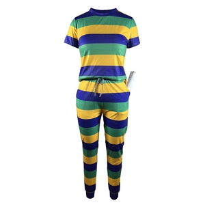 Detail of green and blue striped cotton lounge set with drawstring waist and ribbed cuffs