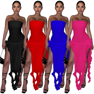 Robe Maxi Sexy Sans Bretelles Pour Femmes Avec Volants Et Fente Haute Coupe Ajustée Couleur Unie Robe De Soirée Club Bodycon
