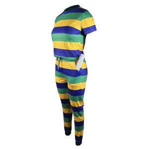 Detail view of cotton striped lounge set featuring side pockets and adjustable drawstring