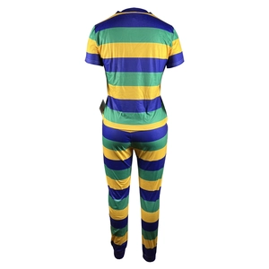 Rear view of striped loungewear set featuring colorful blue yellow and green horizontal stripes