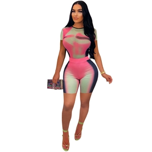 Women's 2-piece tie-dye set with crew neck short sleeve top and slim fit high-waist shorts
