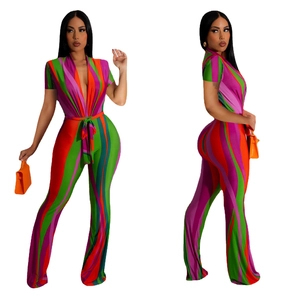 Combinaison Femme Rayée Multicolore Col en V Manches Courtes Avec Lien à la Taille Pantalon Évasé Jambe Large Combinaison Sexy