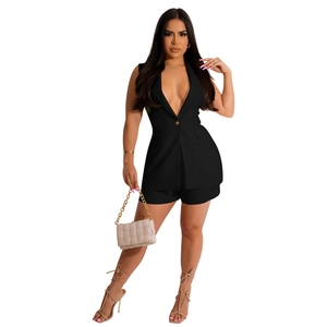 Women Solid Color Sleeveless Lapel Vest And Shorts Top And Bottom Elegant Urban Patchwork Summer Casual Office Lady Suit