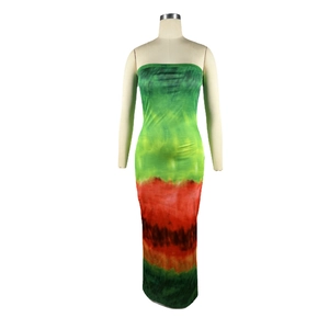 Detail of colorful horizontal tie-dye print on a slim-fit tube maxi dress