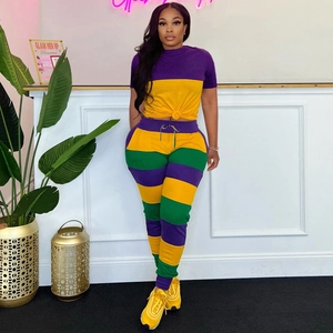 Vibrant purple and yellow striped cotton two-piece set with short sleeve top and joggers