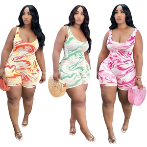 Damen Sexy Marmordruck Ärmelloser Romper Slim Fit U-Ausschnitt Einteiler Jumpsuit Clubwear Casual Sommer Bodysuit Playsuit