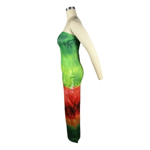 Side view of a slim fit tube maxi dress with colorful gradient tie-dye pattern on a mannequin