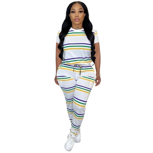 Women's 2-piece cotton lounge set featuring colorful striped short sleeve tee and pants
