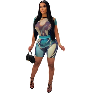 Women's 2-piece tie-dye set with round neck short sleeve top and matching cycling shorts