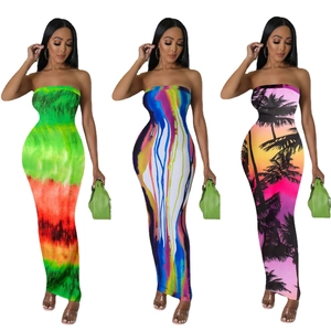 Women Sexy Digital Print Tube Top Maxi Dress Slim Fit Abstract Sunset Palm Tree Printed Strapless Nightclub Party Dress