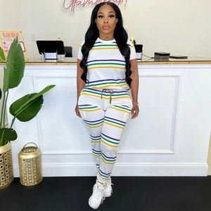 Women's cotton lounge set featuring a striped short-sleeve tee and drawstring pants
