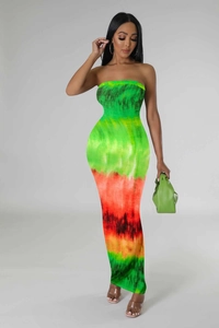 Detailed close-up of vibrant tie-dye print on a slim fit strapless maxi dress