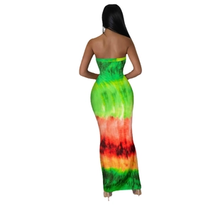 Back view of a tie-dye tube maxi dress with a slim fit and vibrant gradient pattern