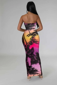 Detail of a slim-fit tube dress with tropical sunset palm tree digital print for women