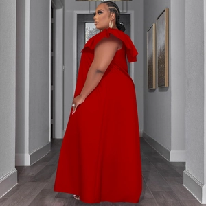 Detailed back view of a red plus size maxi dress with large elegant shoulder ruffles