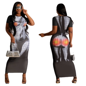 Damen Cyberpunk 3D Anatomische Heatmap Druck Bodycon Maxikleid Kurzarm Rundhals Polyester Nachtclub Langes Kleid