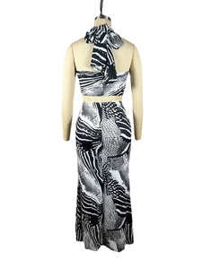 Detail showing the back of halter top and maxi skirt set with black and white print