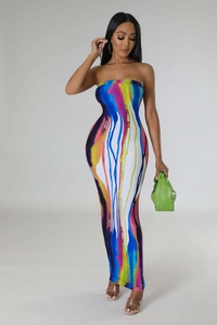 Detail of slim-fit tube dress featuring colorful abstract digital print patterns