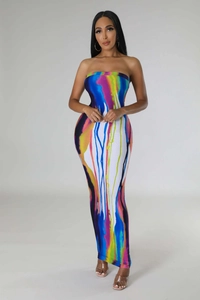 Front full-length view of a bodycon tube dress with colorful abstract paint splash print