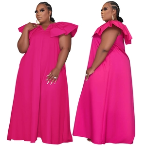 Plus size rose red V-neck maxi dress with oversized ruffles and pleated shoulders