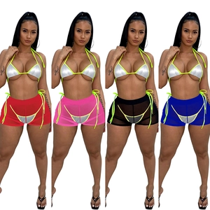 Donna Bikini Top Halter Paillettes Metalliche E Sotto Interno E Pantaloncini Esterni in Rete Neon Tie Beachwear Costume da Bagno