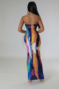 Detail of the back view of the abstract print bodycon tube maxi dress with colorful patterns