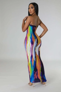 Detailed back view of a strapless bodycon maxi dress with vibrant colorful splash art patterns