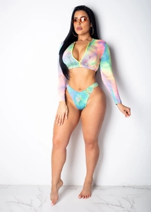 Bikini donna due pezzi con stampa tie-dye, top a maniche lunghe con zip e slip a vita alta