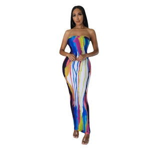 Close-up of vibrant abstract digital print on a slim-fit strapless tube maxi dress