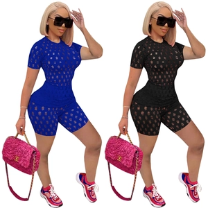 Donna Top e Pantaloncini Effetto Usato Traforato Poliestere Girocollo Manica Corta Streetwear Completo Estivo